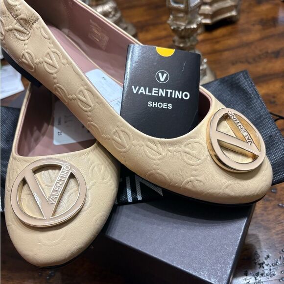 Valentino Beige Flats with Gold Logo New with Dust bag and box $479 - Picture 4 of 11